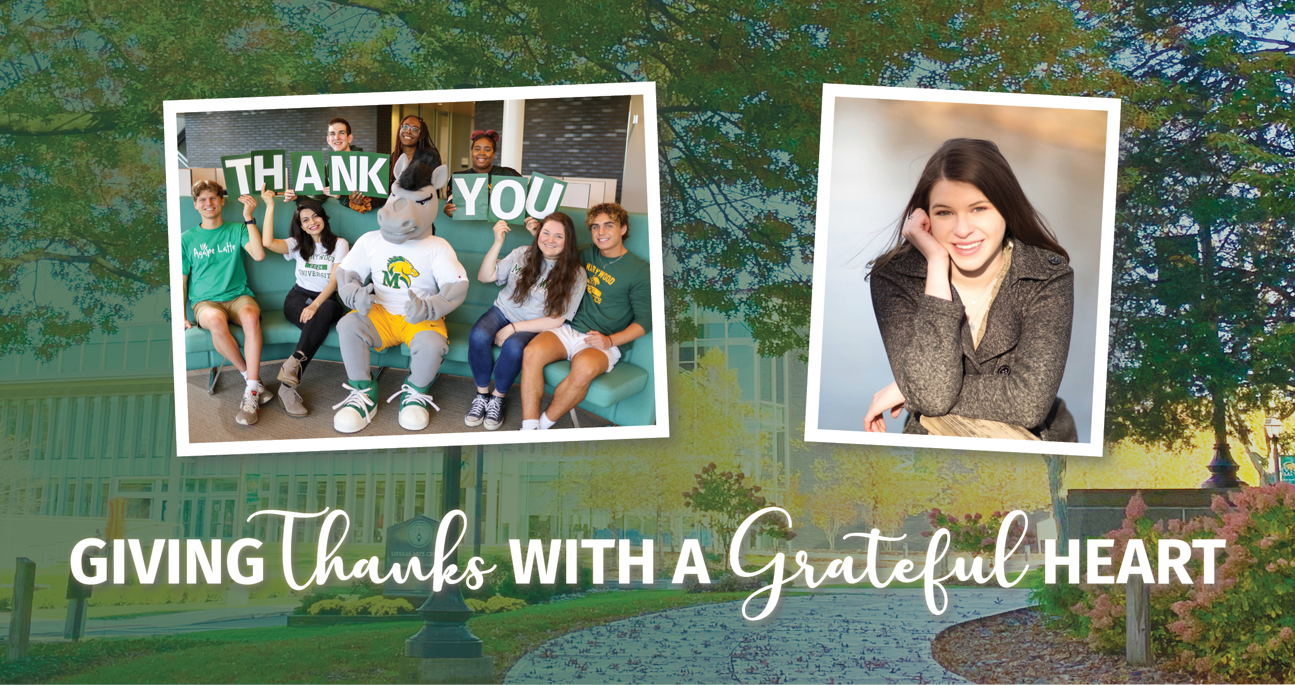 Giving Thanks with a Grateful Heart graphic fall background with photos of students with Maxis and Samantha