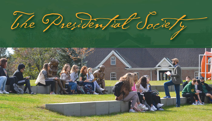 photo of outdoor class on amphitheatre with text The Presidential Society